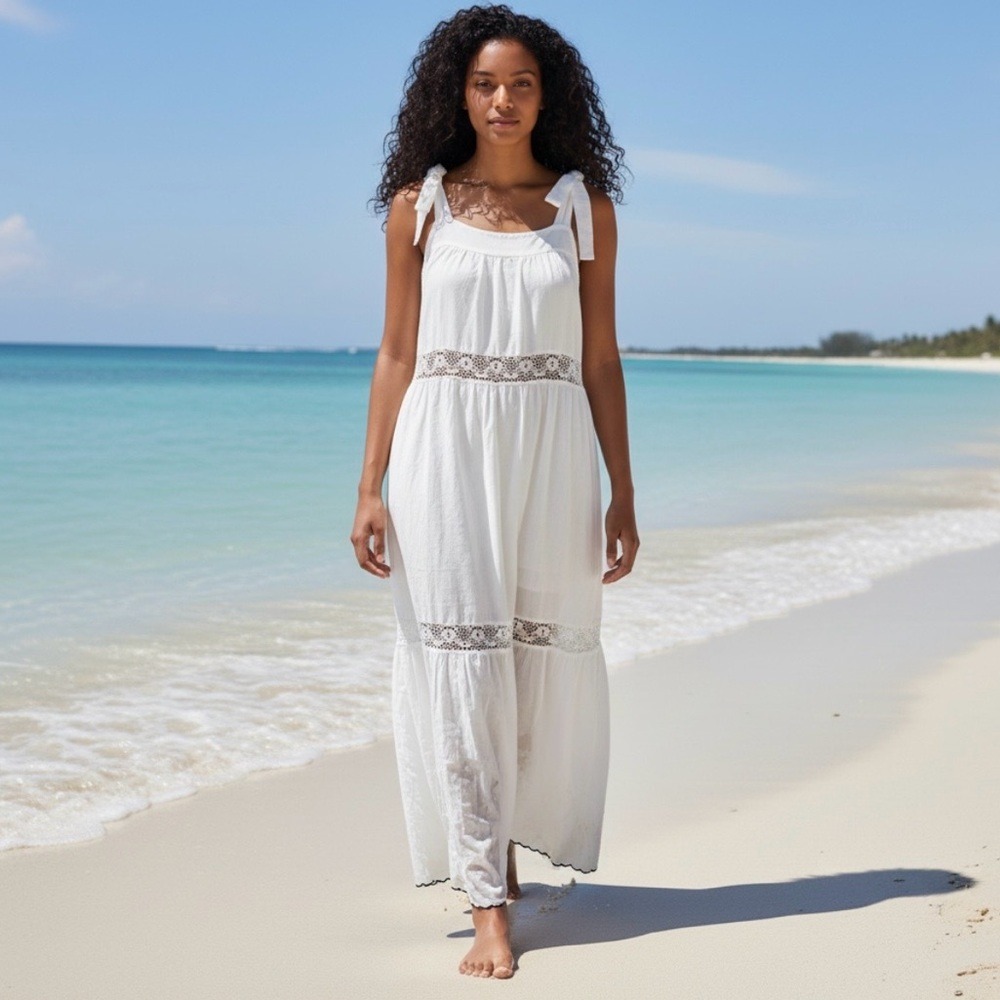 Lulus Mediterranean Moments Boho Romantic‎ White Tie-Strap Maxi Dress, Size S
